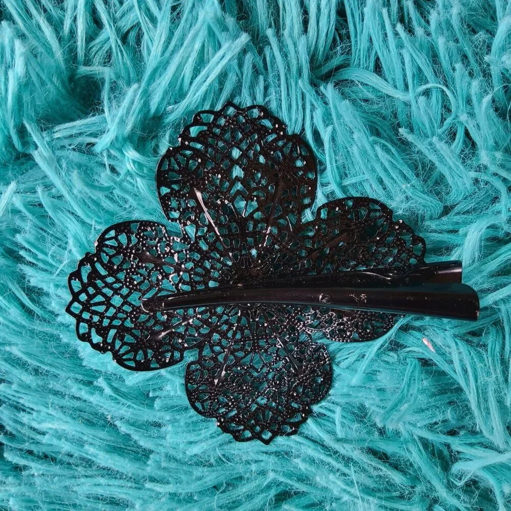 Vintage Black Metal Filigree Flower Hair Clip  Goth Gothic Lace Floral Barrette